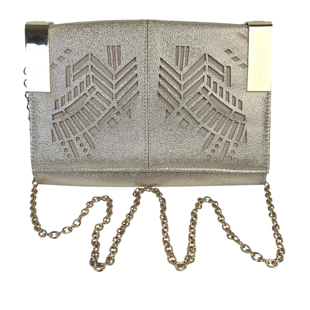 Kate Landry Gold Metallic Clutch Bag Evening Bag Chain Strap‎ Art Deco